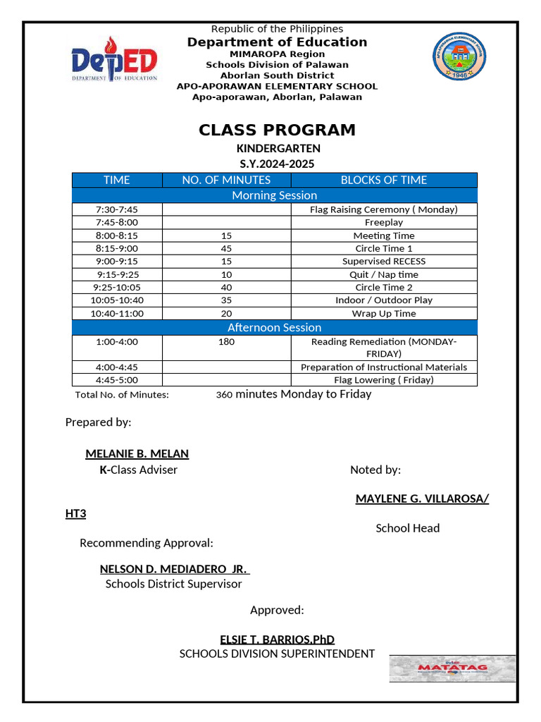 Kindergarten Class Program 2024-2025 | PDF
