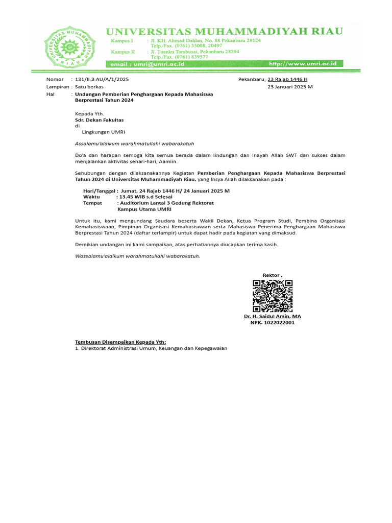 Undangan Pemberian Penghargaan Kepada Mahasiswa Berprestasi Tahun 2024