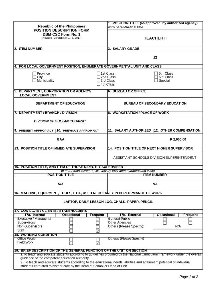 Form-No.-1-Teacher-II-JHS | PDF | Teachers