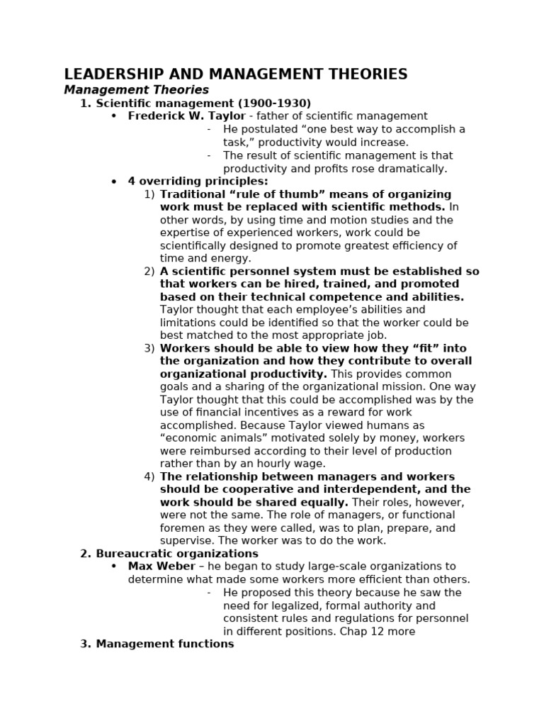 Leadership and Management Theories Overview | PDF | Leadership ...