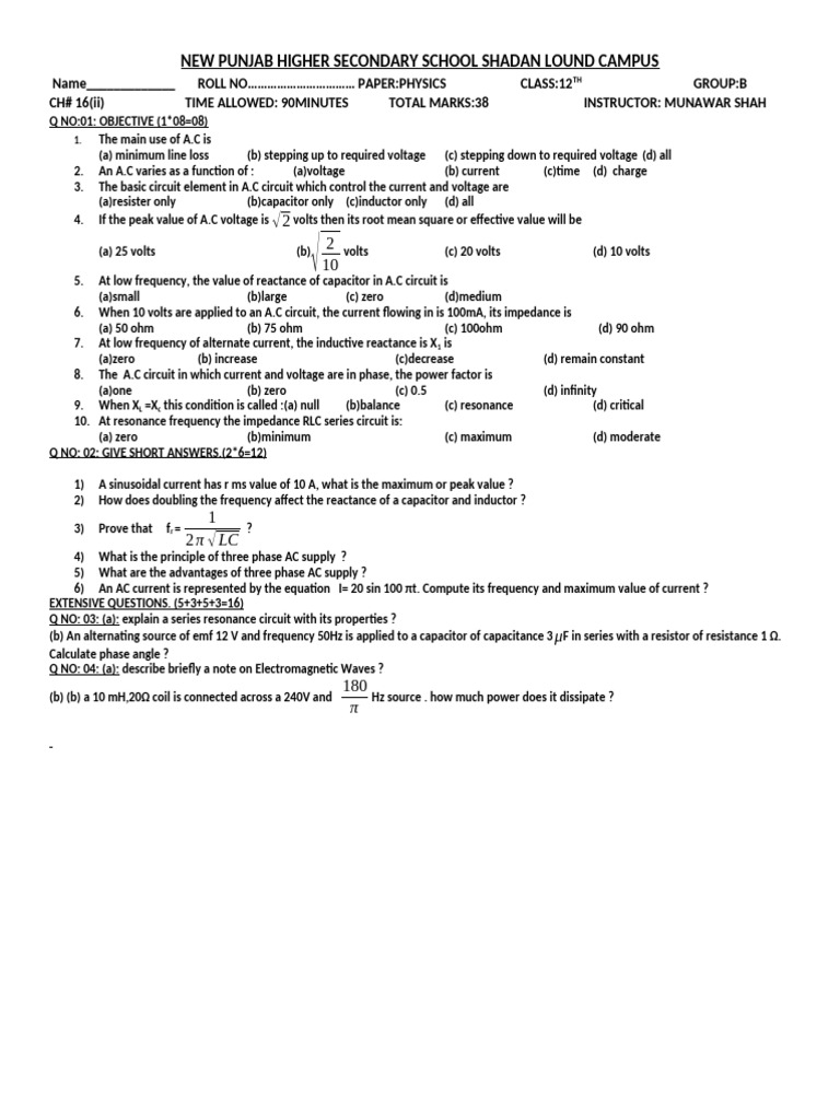 12th Grade Physics A.C. Exam Paper | PDF | Electrical Impedance | Inductor
