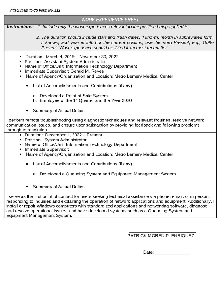 Work Experience Sheet for IT Roles | PDF