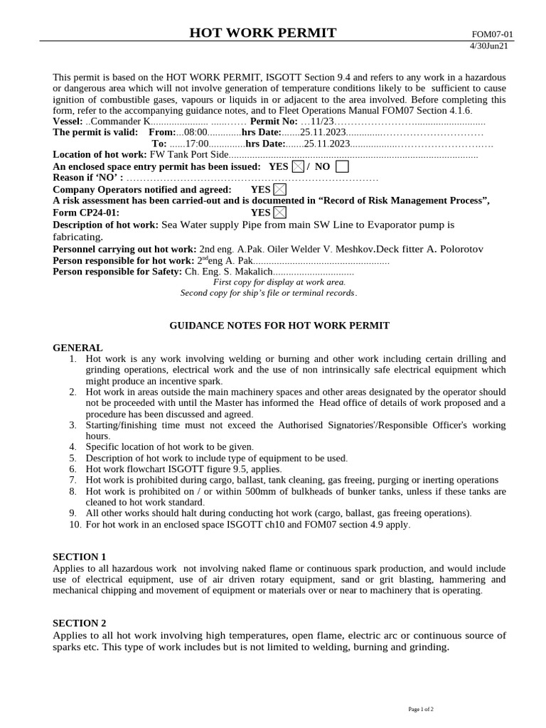 Hot Work Permit FOM07-01 Guidelines | PDF | Welding | Construction