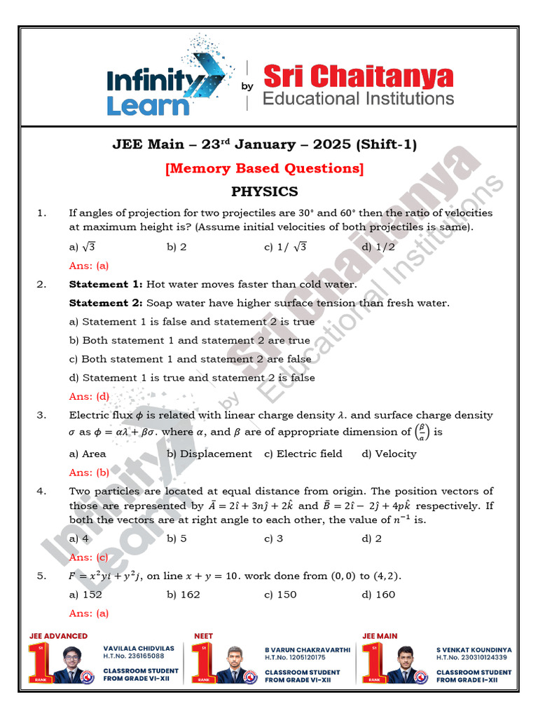 JEE Main 2025 Physics Chemistry Math Questions | PDF | Physical ...