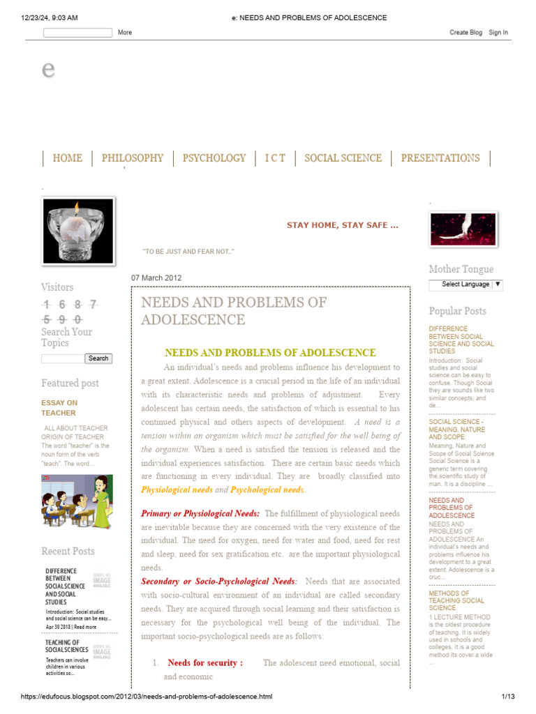 Needs and Problems of Adolescence | PDF | Adolescence | Science