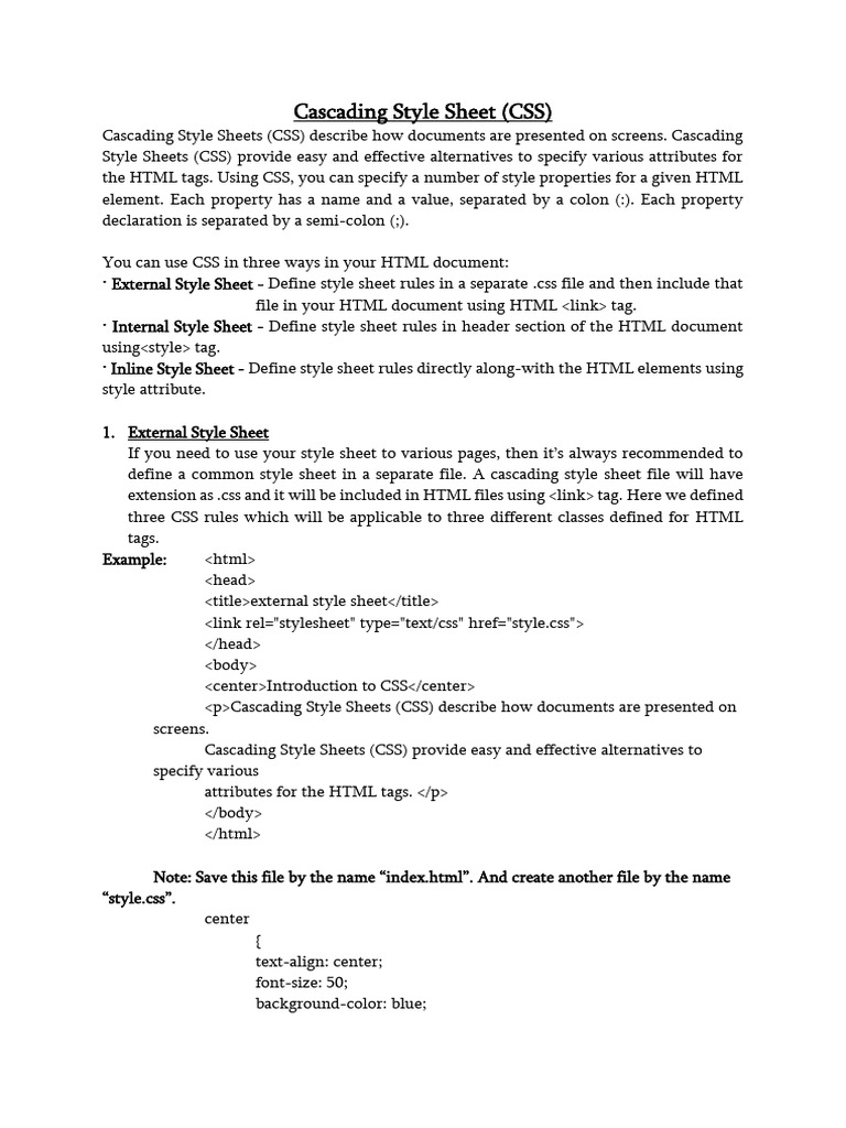 CSS-notes of class 11 | PDF | Html Element | Html