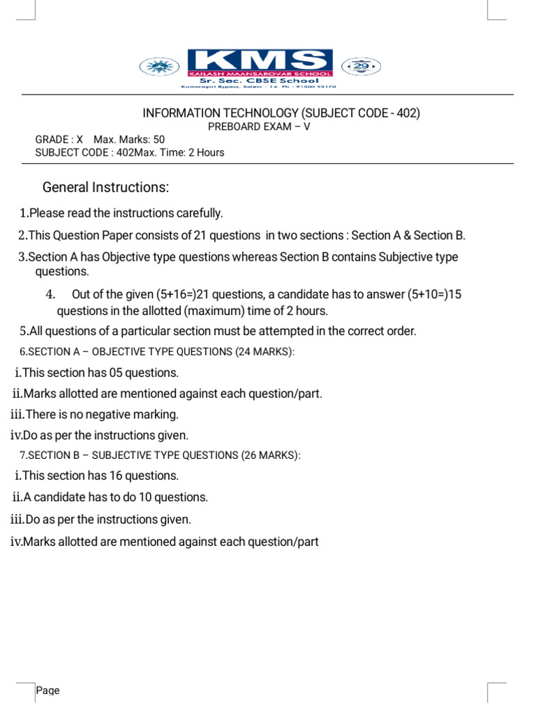 IT Preboard Exam Paper for Grade X | PDF | Databases | Spreadsheet