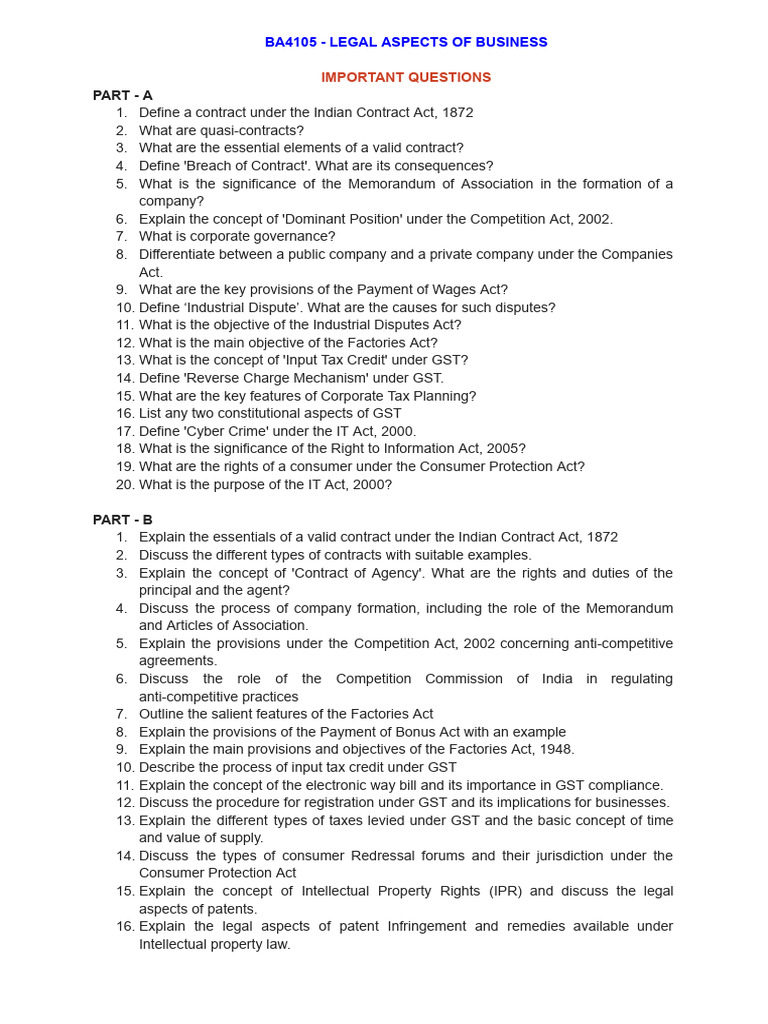 BA4105 Legal Aspects: Key Questions | PDF | Taxes | Intellectual Property