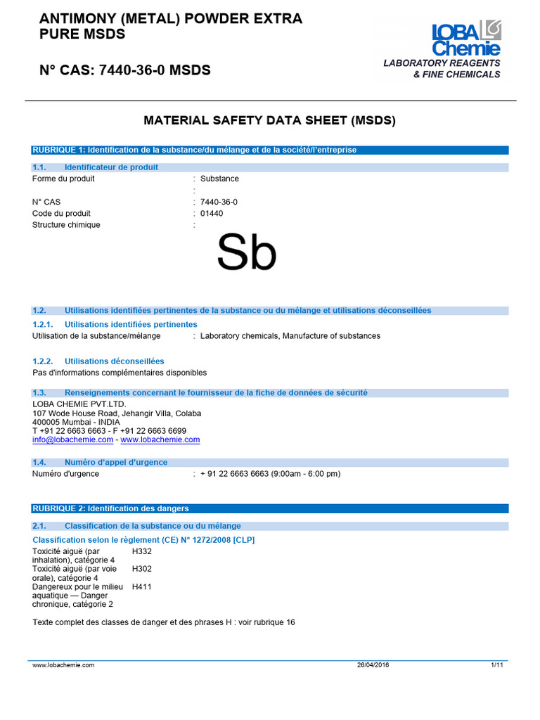 Fiche de sécurité Antimoine poudre pure | PDF | Substances chimiques ...