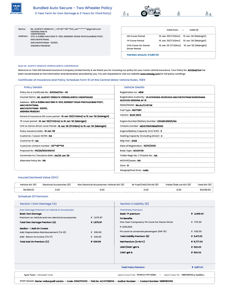 Tata AIG Motor Policy Schedule 3187 6103342704-00 | PDF | Insurance ...