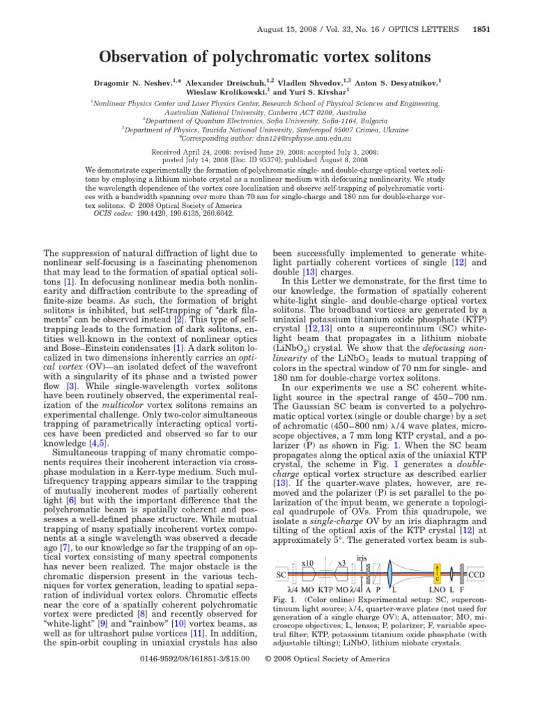 Dragomir N. Neshev Et Al - Observation of Polychromatic Vortex Solitons ...