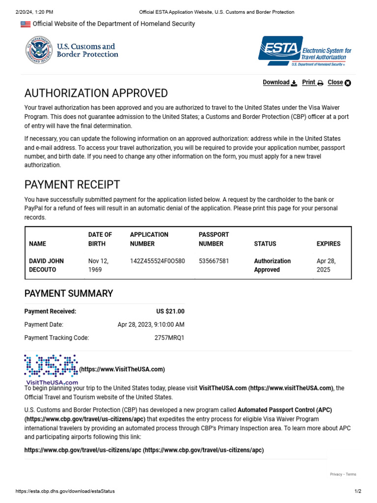 ESTA Travel Authorization Confirmation | PDF