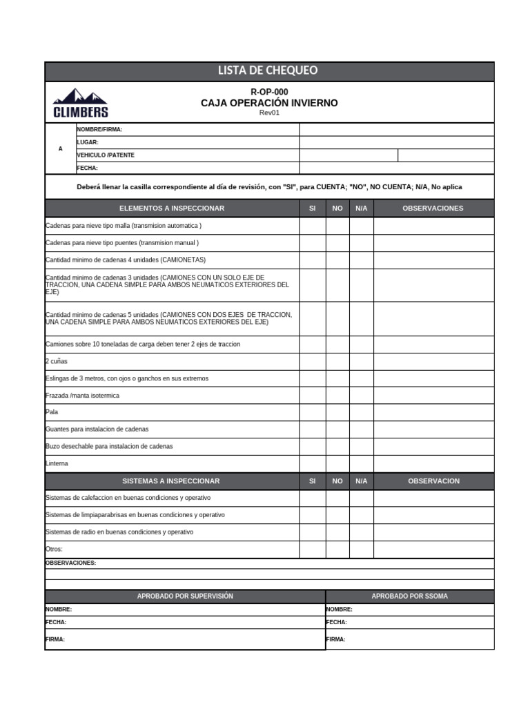 R-OP-000 Check List Caja Operacion Invierno Rev01 | PDF