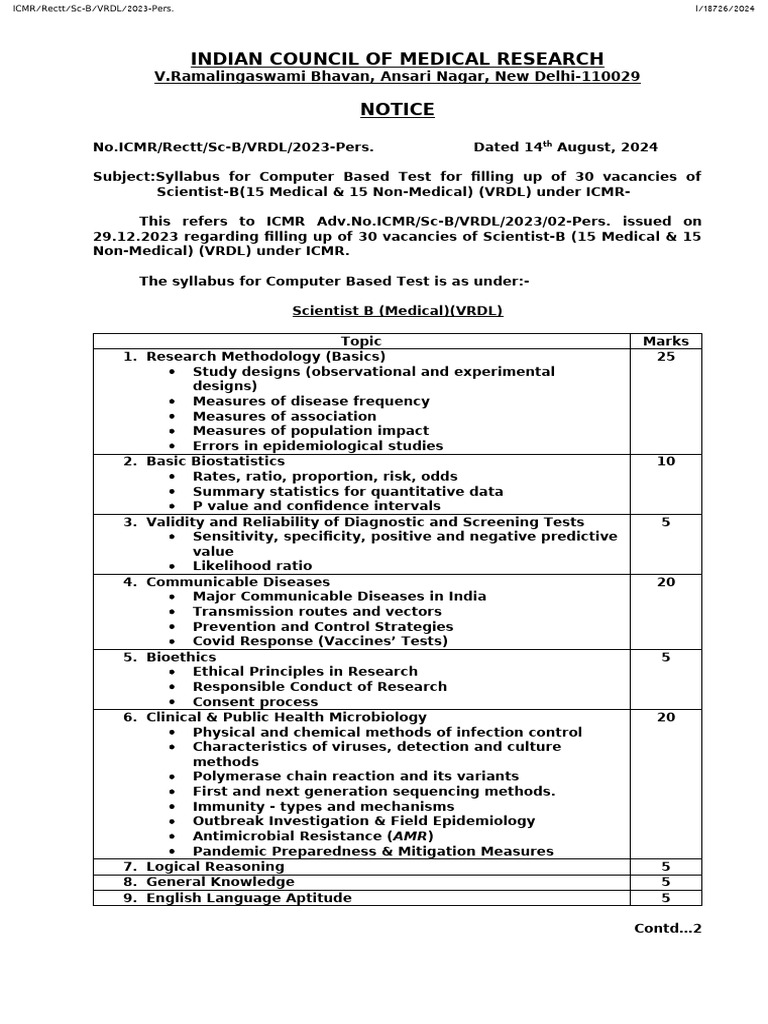 VRDL Scientist-B Exam Syllabus 2024 | PDF | Infection | Epidemiology