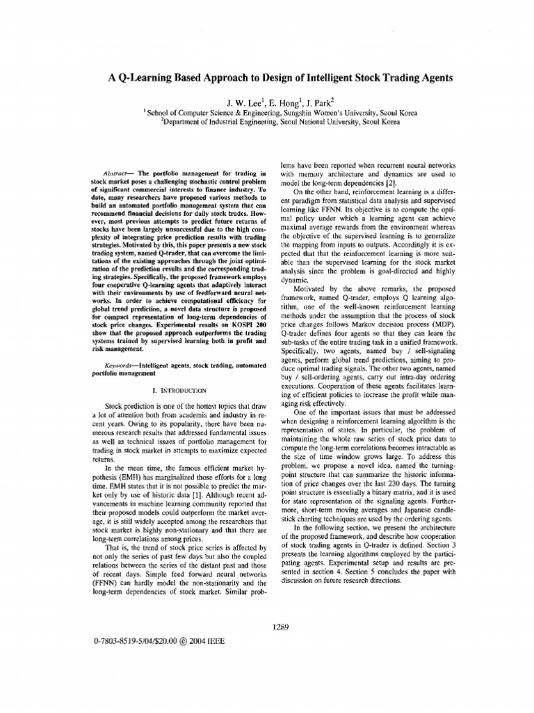 2004A Q-Learning Based Approach To Design of Intelligent Stock Trading ...