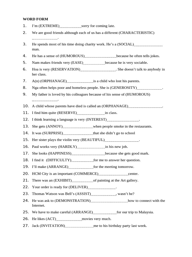 Word Formation Exercises for Grade 8 | PDF