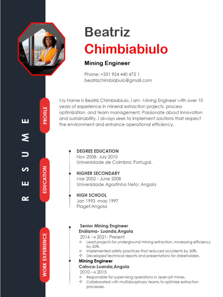 Mining Engineer Resume - Beatriz Chimbiabiulo | PDF | Minerals | Mining