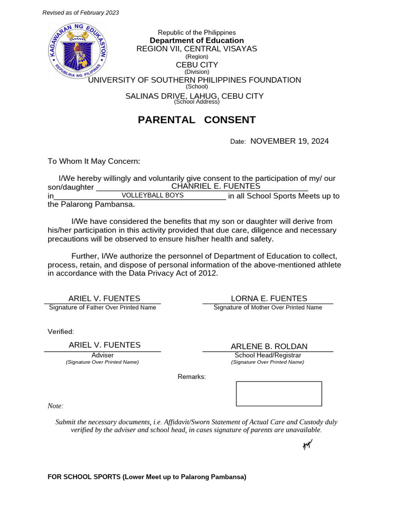Parental Consent for School Sports Events | PDF