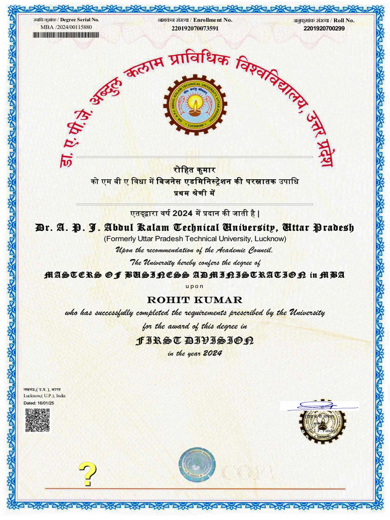 MBA Degree Certificate for Rohit Kumar | PDF