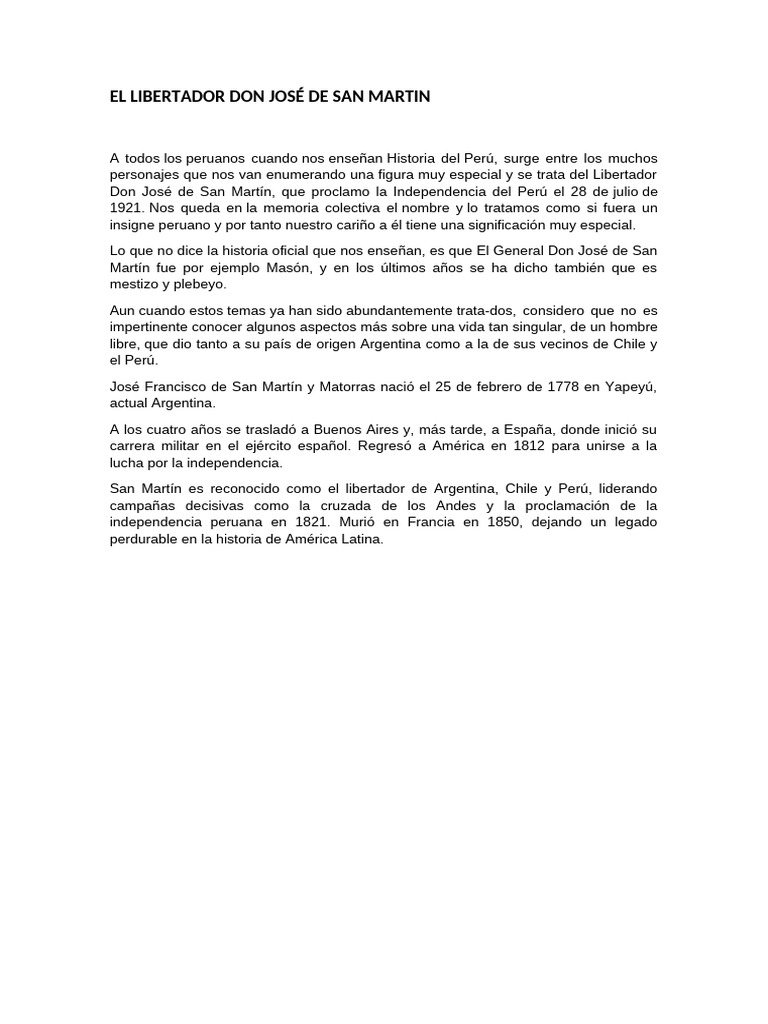 El Libertador Don José de San Martin | PDF