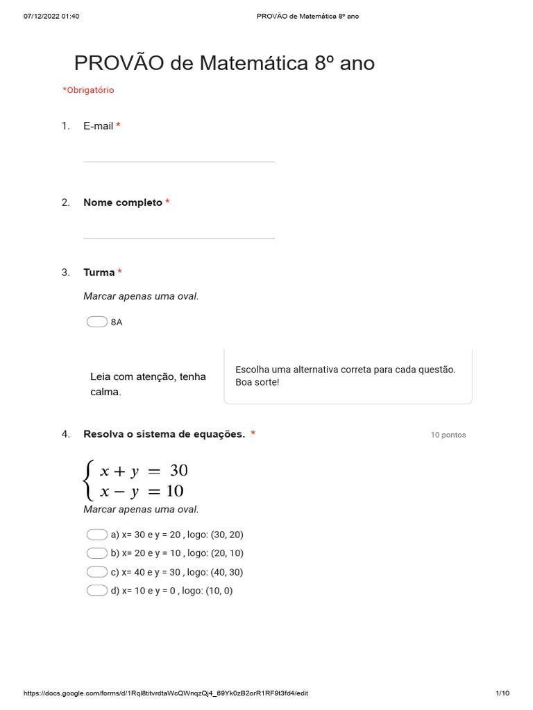 Modelo prov o de matem tica 8 ano formul rios google pdf