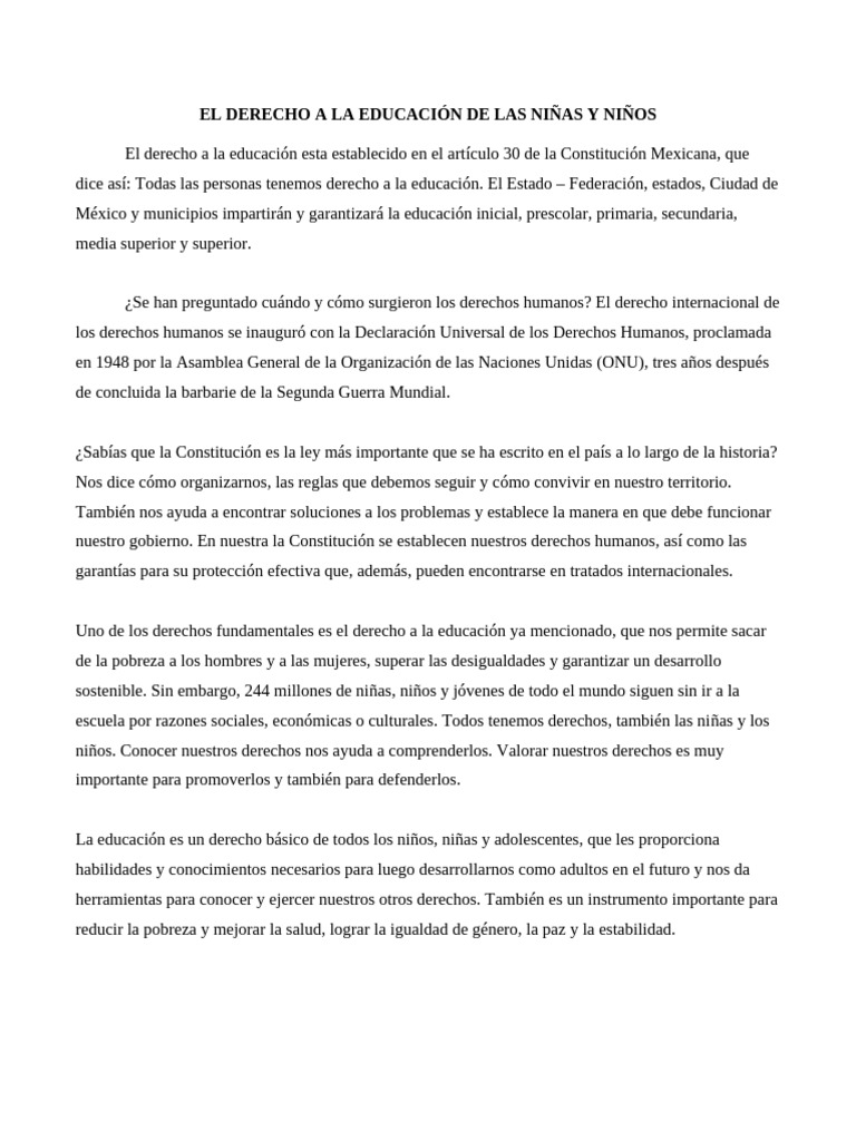 El Derecho A La Educación de Las Niñas y Niños | PDF | Derechos humanos ...
