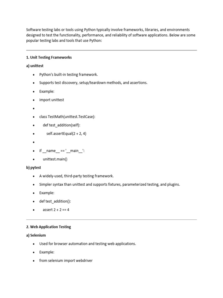 Software Testing Labs or Tools Using Python Typically Involve ...