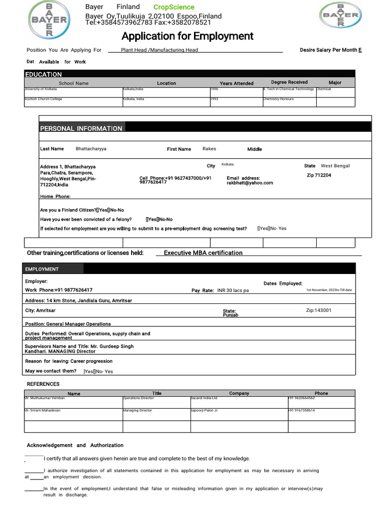 Bayer Finland Employment Form | PDF