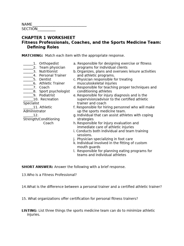 Roles of Fitness and Sports Medicine Team | PDF | Personal Trainer ...