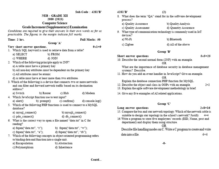 XII 2080 Computer Supp-B | PDF | Databases | Computer Network