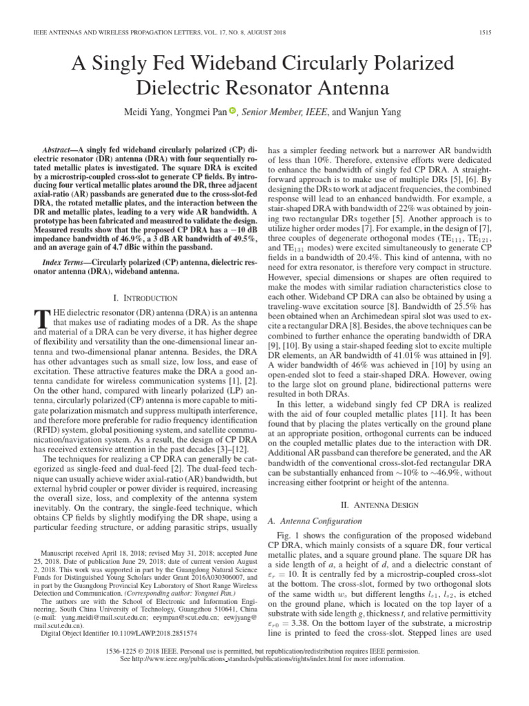 A Singly Fed Wideband Circularly Polarized Dielectric Resonator Antenna ...