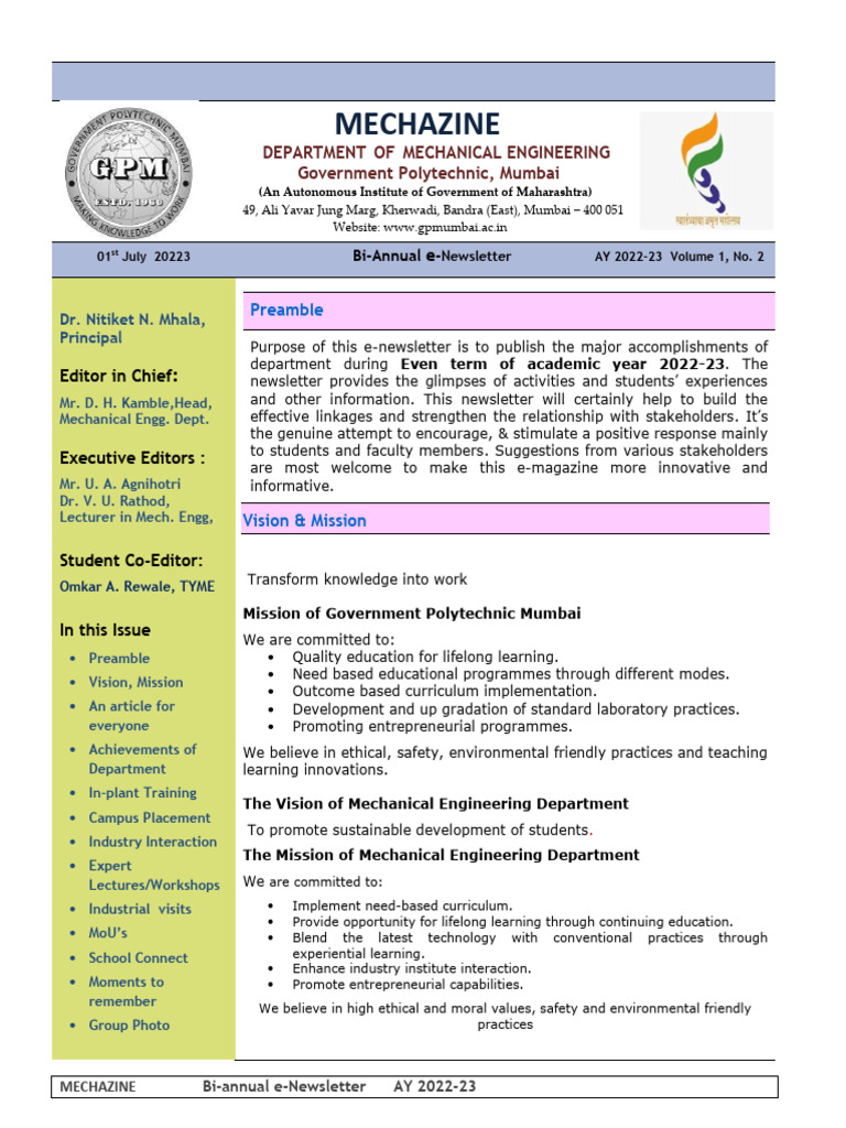 Mechanical Engineering Newsletter 2022-23 | PDF | Engineering ...