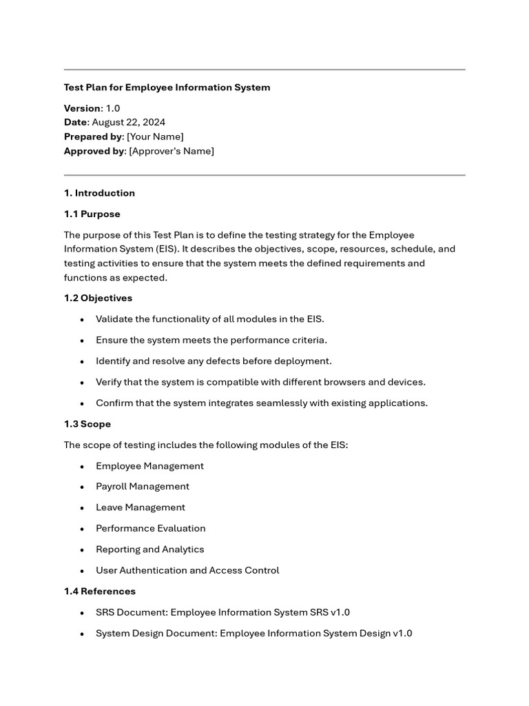Test Plan for Employee Information System | PDF | Software Testing ...