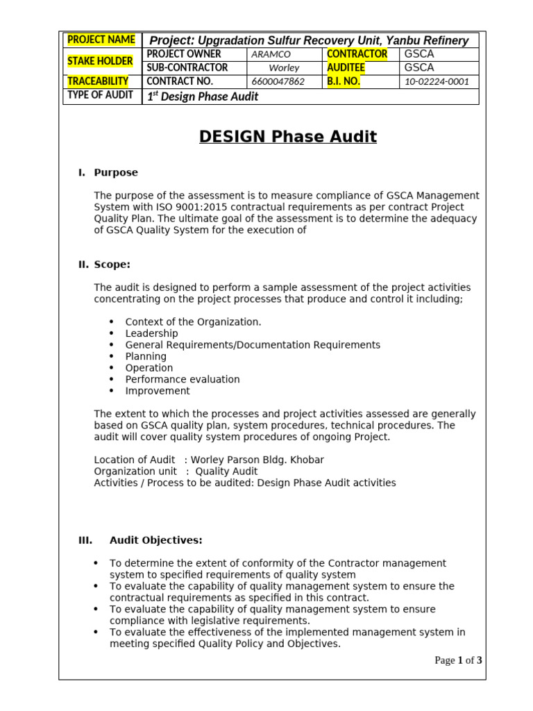 ISO 9001:2015 Design Phase Audit Report | PDF | Audit | Quality ...