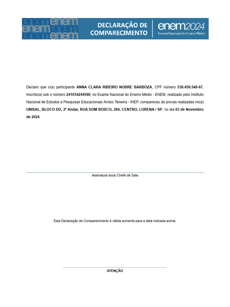 Declaração de Comparecimento ENEM 2024 | PDF