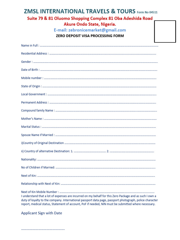 Zero Deposit Visa Processing Form | PDF | Government And Personhood