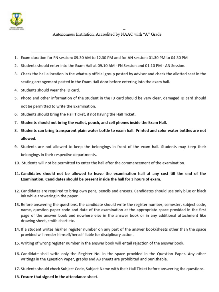 Exam Instructions for SRI SHAKTHI Students | PDF