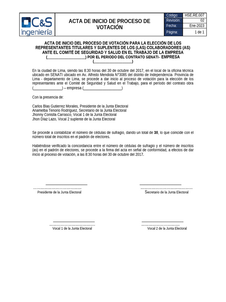 Acta de Inicio de Votación 2017 | PDF | Gobierno | Elecciones