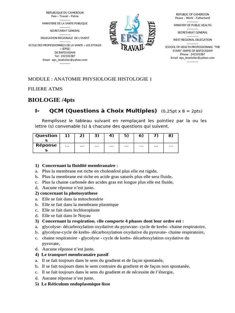 QCM et QROC en Anatomie et Physiologie | PDF | Respiration cellulaire ...