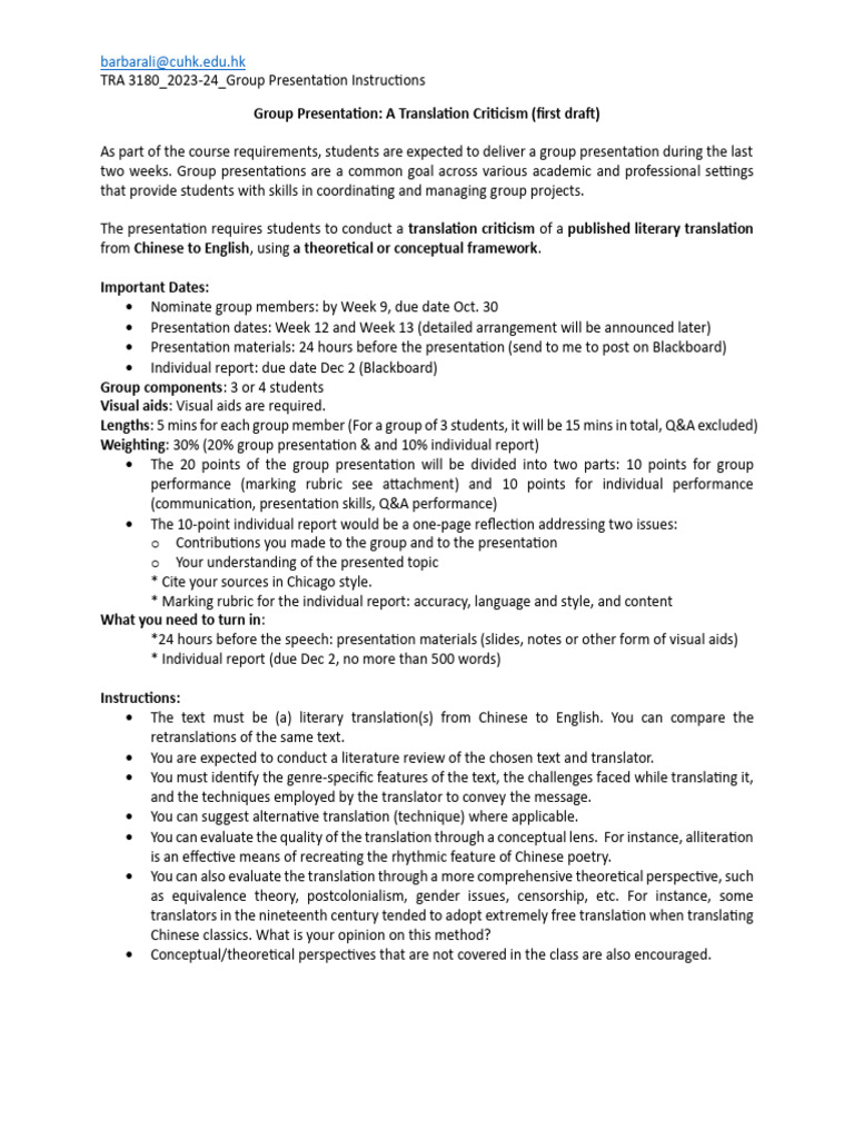 instructions and rubrics | PDF | Theory | Translations