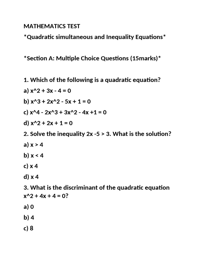 Quadratic and Inequality Equations Test | PDF