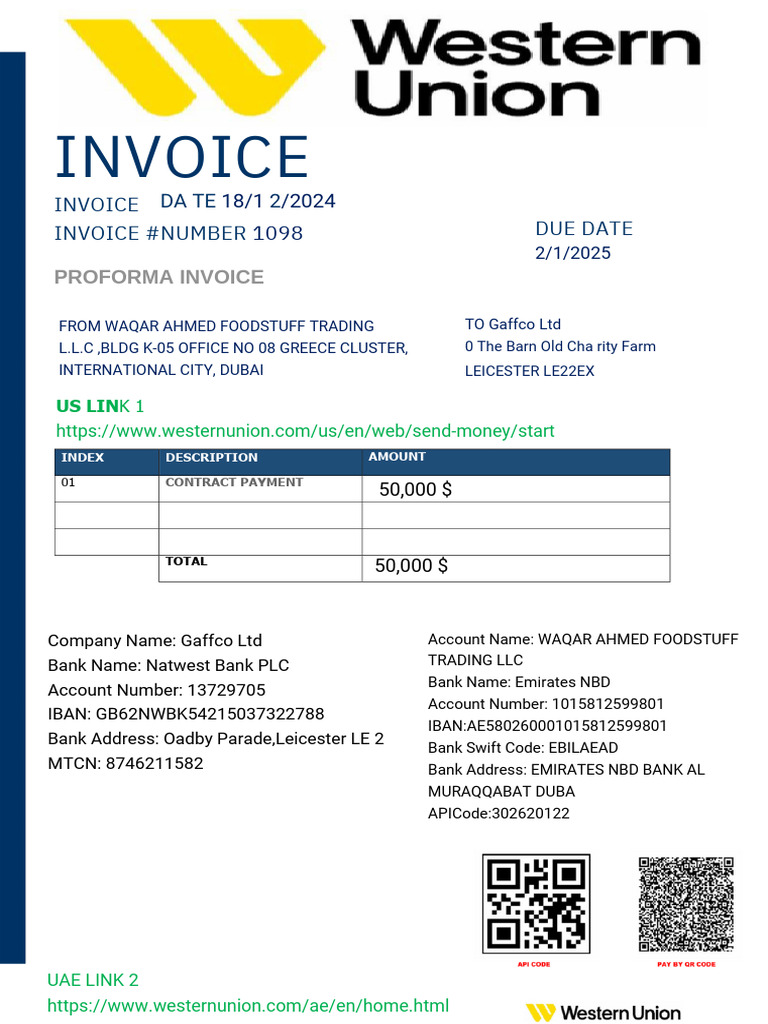 Western Union Invoice and Payment Details | PDF