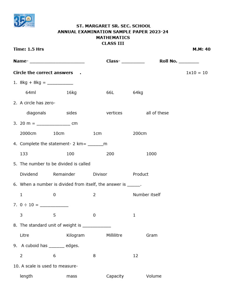 Class III Mathematics Sample Paper | PDF | Division (Mathematics) | Litre