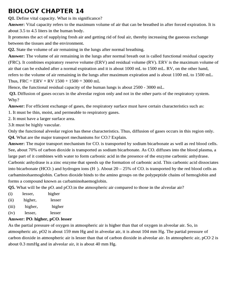 CLASS 11 BIOLOGY CHAPTER 14 | PDF | Exhalation | Physiology