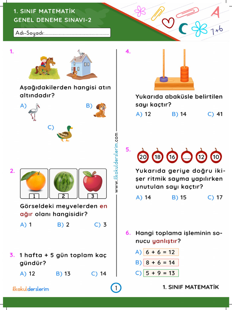1 Sinif Matematik Geneldenemesinavi2 Pdf