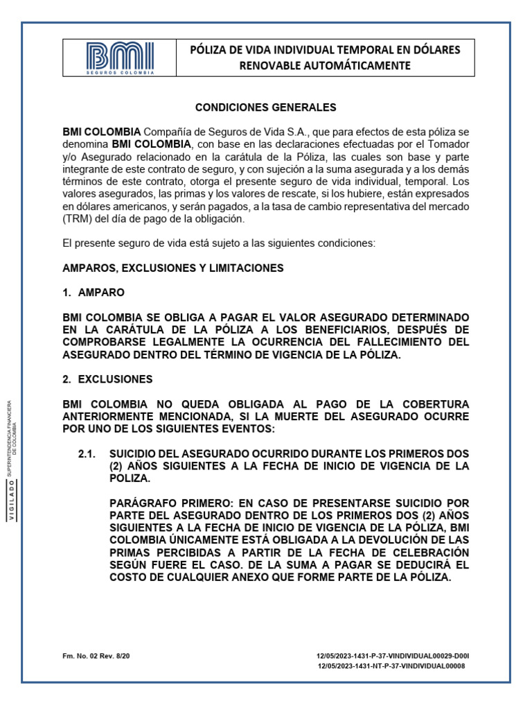 Póliza Vida Temporal Dólares BMI Colombia | PDF | Póliza de seguros ...