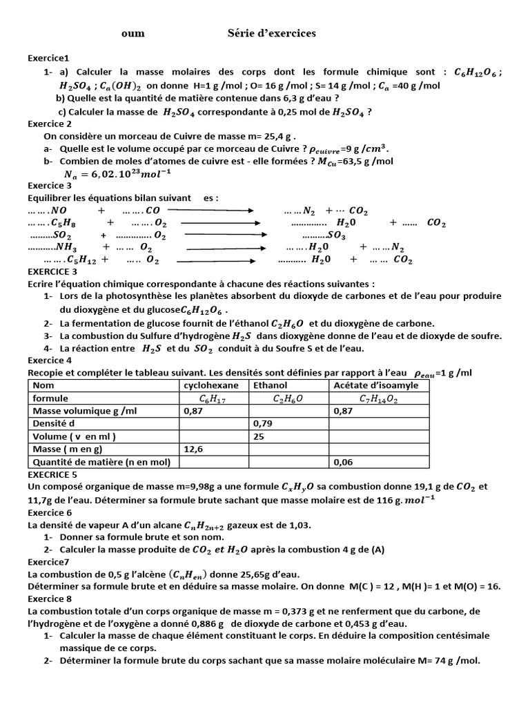 Calcul de la masse molaire en chimie PDF Mole (unité) Chimie — free download