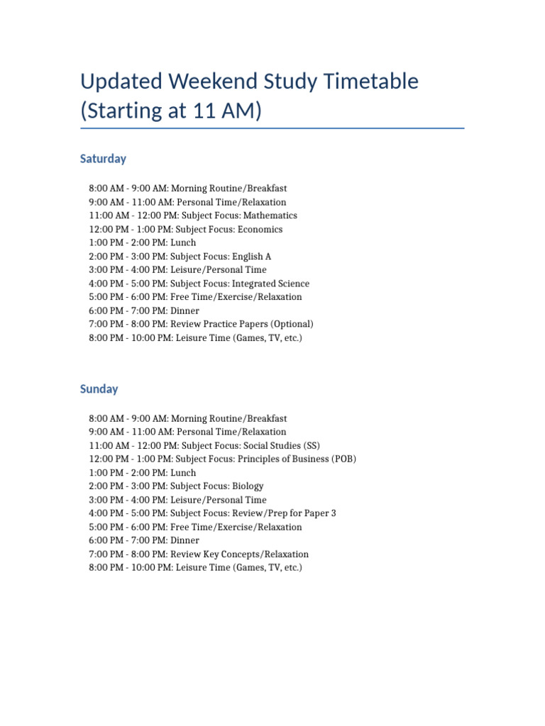 Updated Weekend Study Timetable Starting at 11AM | PDF