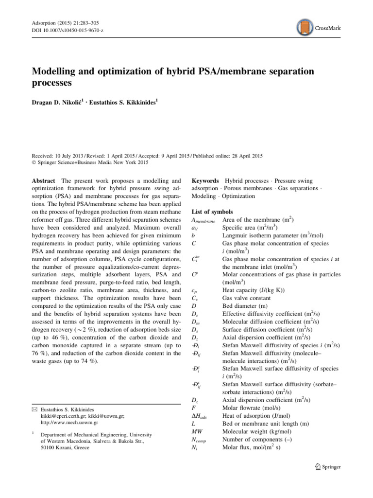 Hybrid PSA/Membrane Separation Optimization | PDF | Adsorption | Diffusion