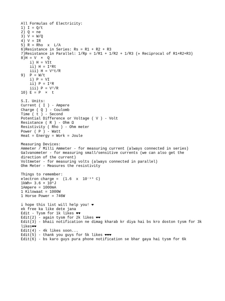 Essential Electricity Formulas and Units | PDF
